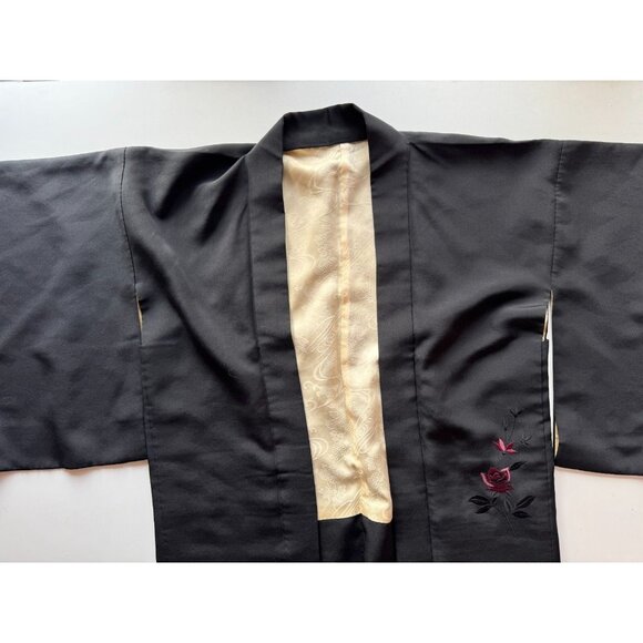 Vintage Japanese Black Maroon Floral Embroidered Kimono Robe, One Size - Picture 4 of 15
